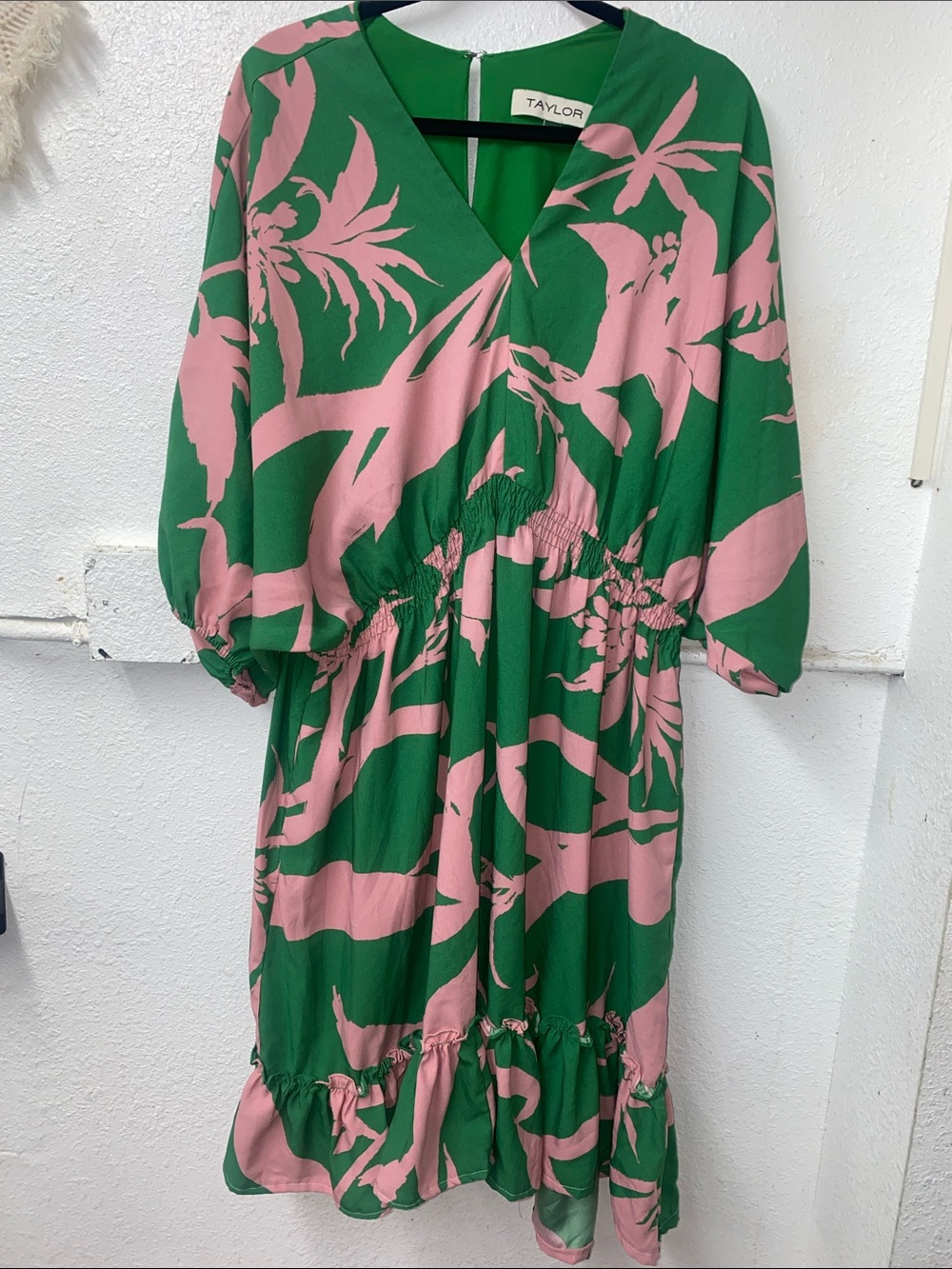 Taylor - Size 20W - Green and Pink Tropucal Floral Midi - Ruffled Dress